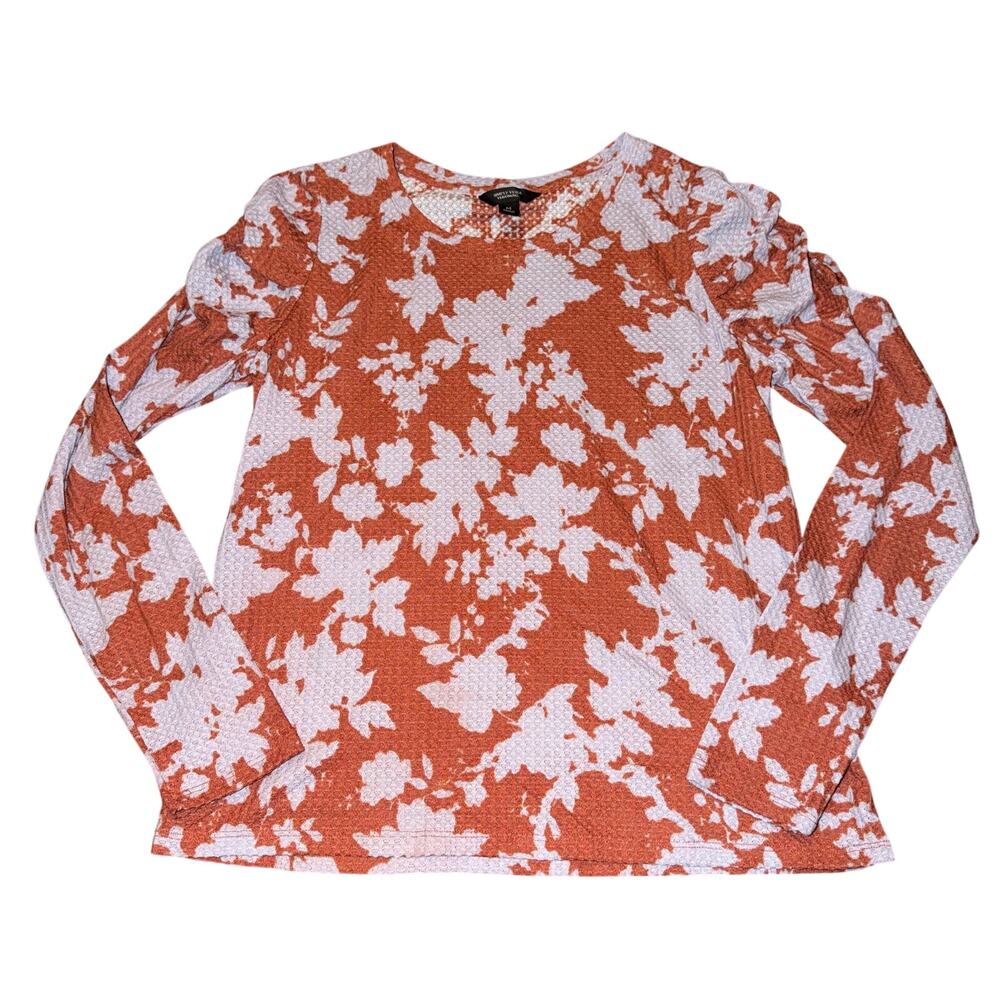 Simply Vera Wang Long Sleeve Waffle Knit Top Women's Size M Red Gray Floral